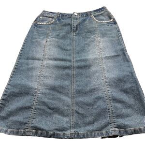 CATO Denim Skirt Women's Sz 12 Midi No Slit Rhinestones Blue Jeans Pockets
